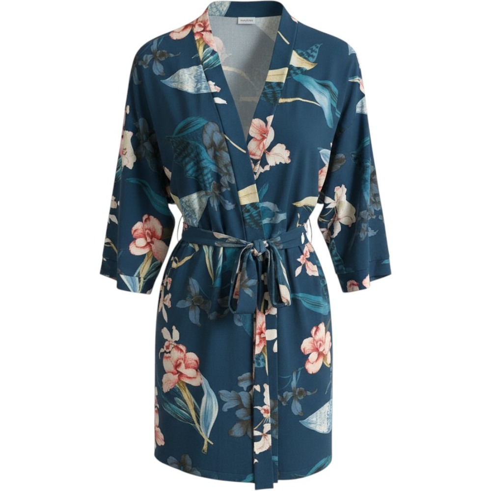 Linea Donatella Robe Womens Medium Teal Floral Sleepwear Loungewear belt Cozy